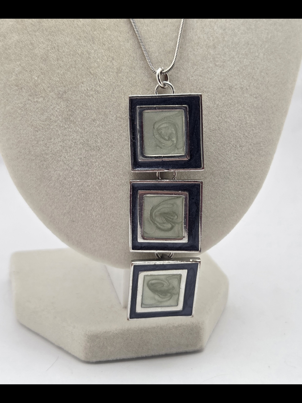 Vintage Silver Tone Modernist Enamel Square Pendant Snake Chain Necklace 16"